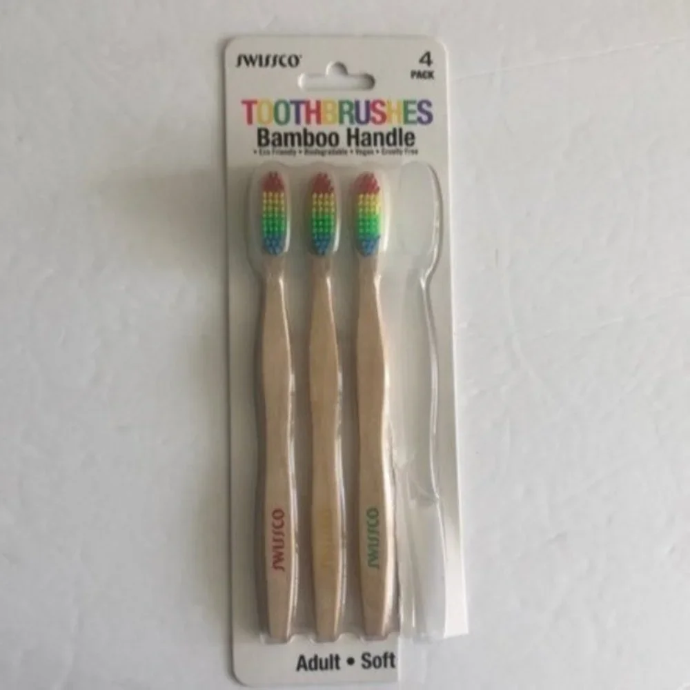 Swissco Rainbow 3 pc Toothbrushes Bamboo Handle Adult Soft Open Box New